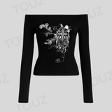 Gothic Baskılı Lace Siyah Uzun Kol Bluz