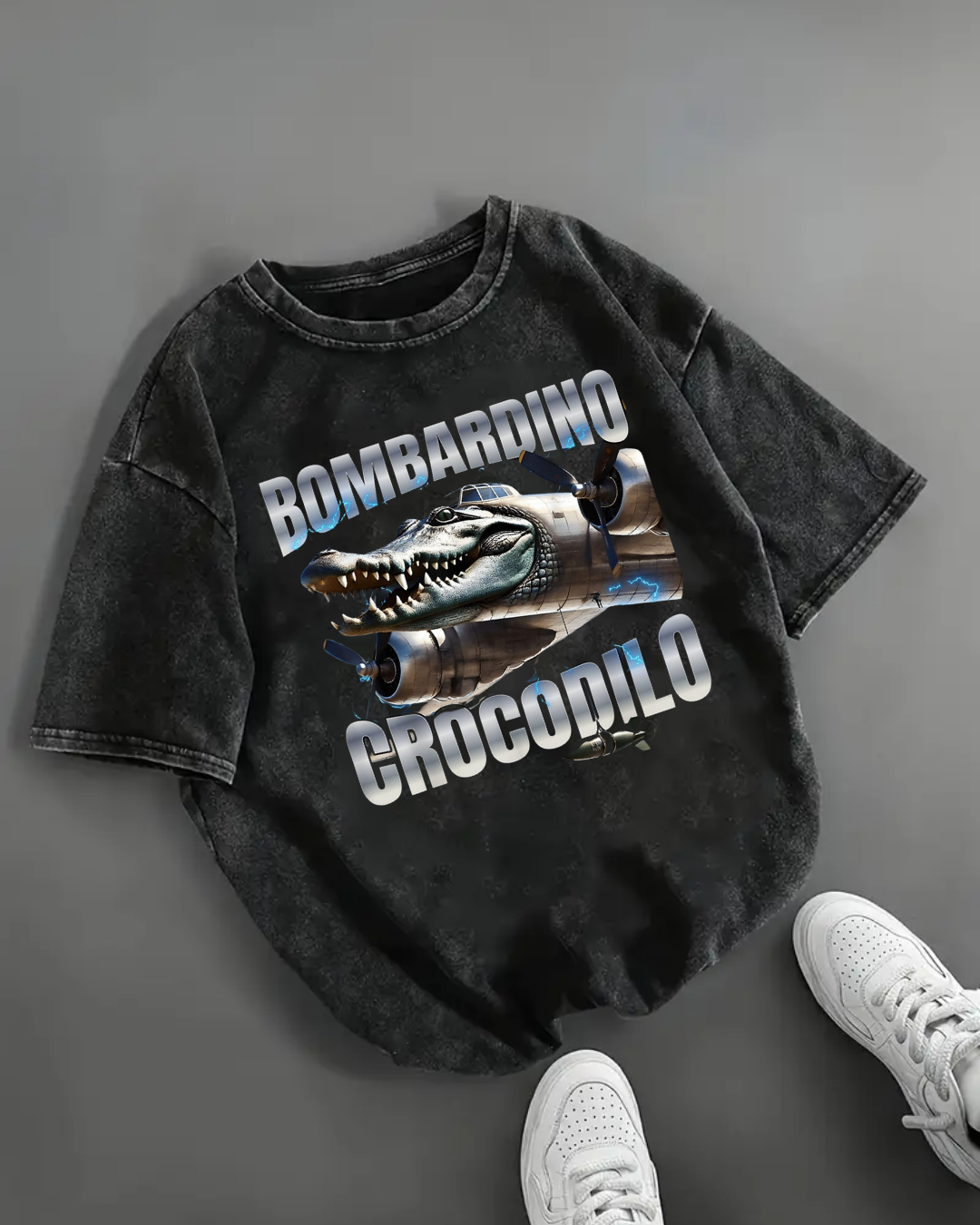 Bombardino Crocodilo Baskılı Yıkamalı Vintage Unisex Oversize T-Shirt