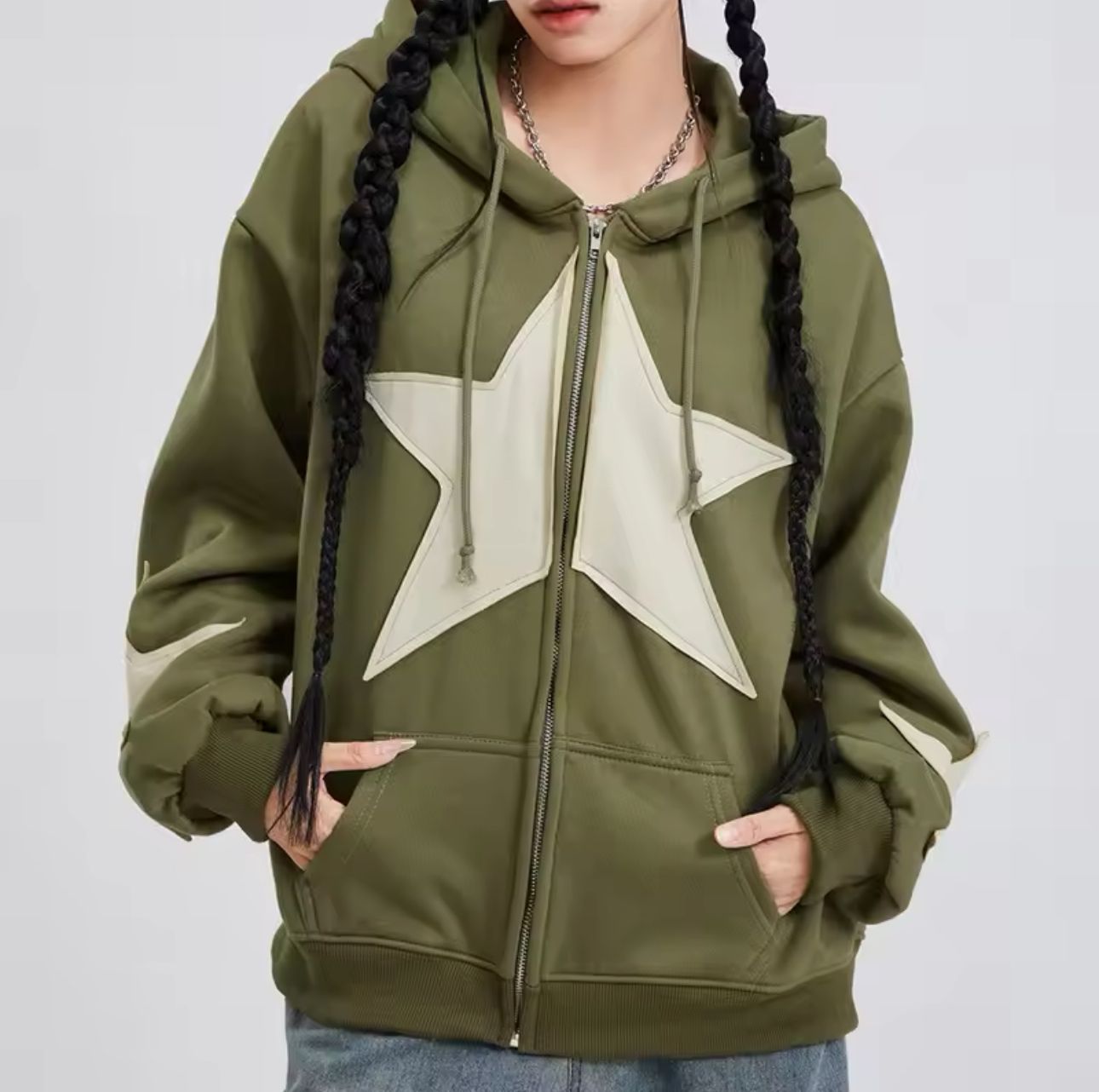 Star Detail Oversize Fermuarlı Unisex Kapüşonlu Hırka