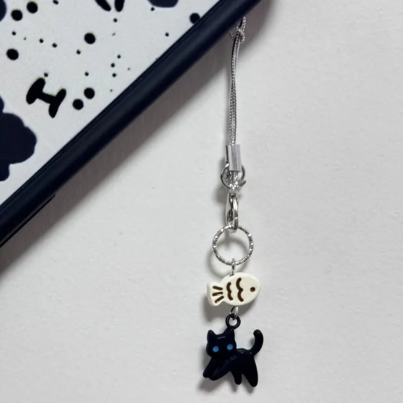 Siyah Kedi ve Balık Telefon Charmı