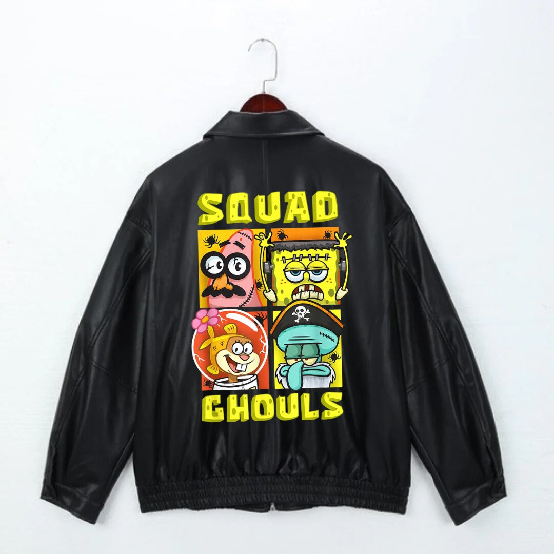 SpongeBob Best Baskılı Streetwear Siyah Oversize Unisex Astarlı Deri Ceket