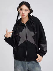 Star Detail Oversize Fermuarlı Unisex Kapüşonlu Hırka