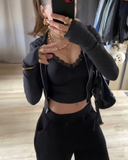 Lace Detail Night Black İp Askılı Crop