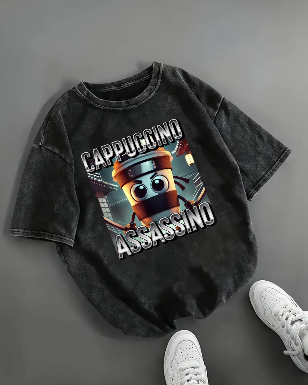 Cappuccino Assassino Baskılı Yıkamalı Vintage Unisex Oversize T-Shirt