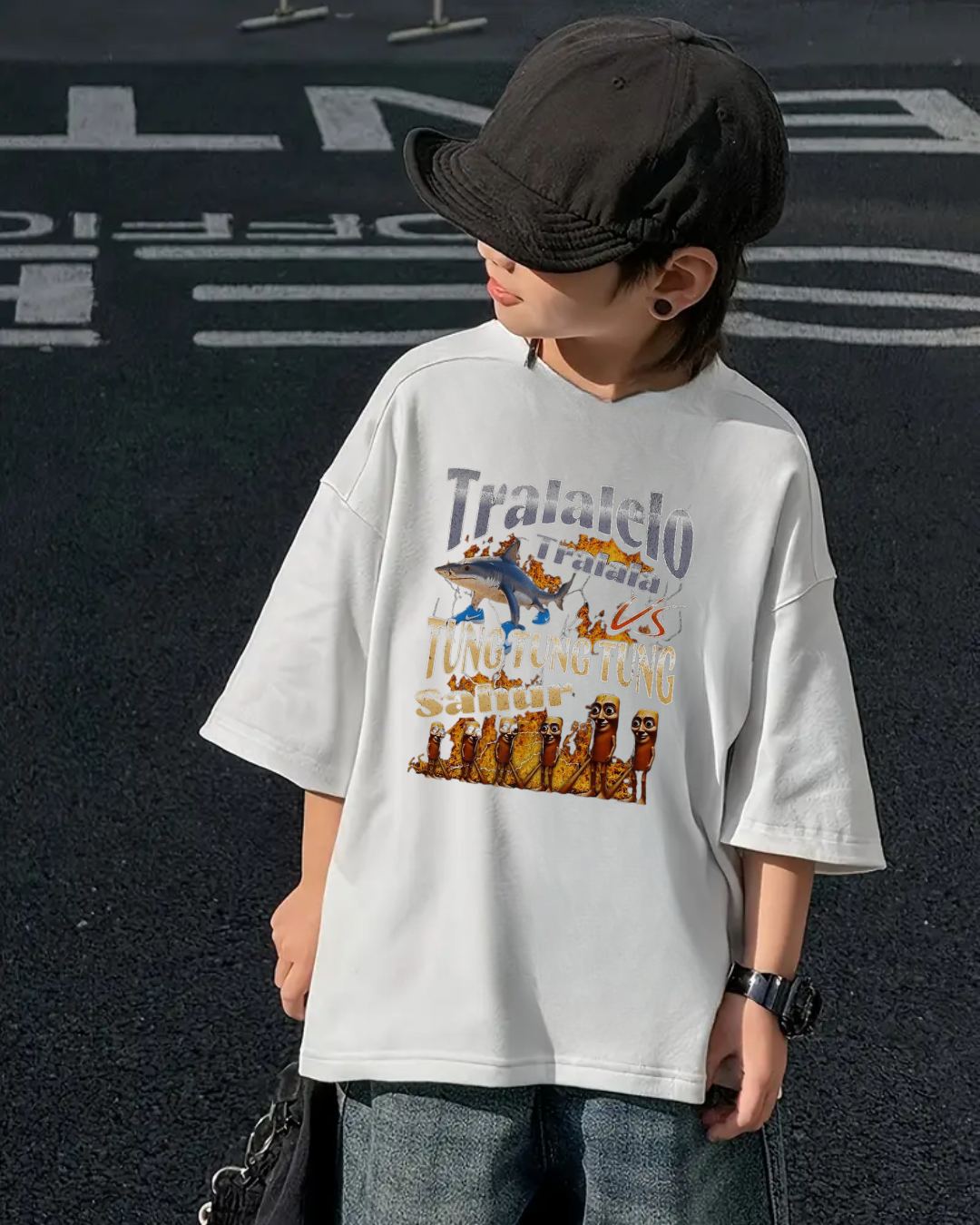Tung Tung Tung Sahur Baskılı Kids Beyaz Unisex Oversize T-Shirt