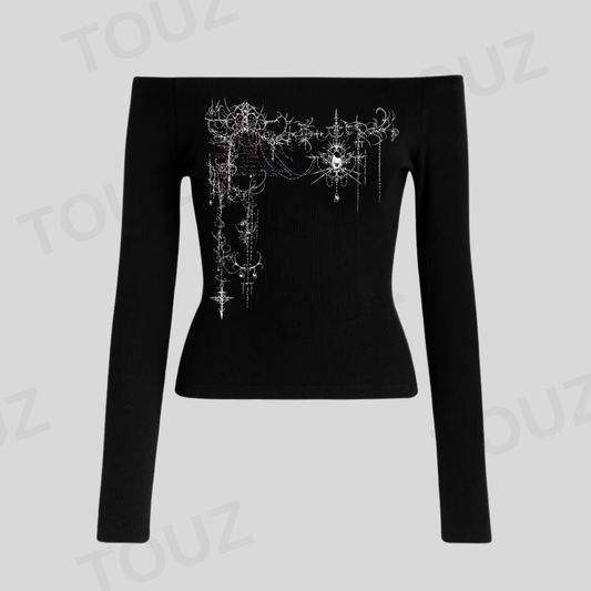 Gothic Lace Design Siyah Uzun Kol Bluz