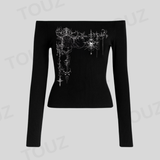 Gothic Lace Design Siyah Uzun Kol Bluz