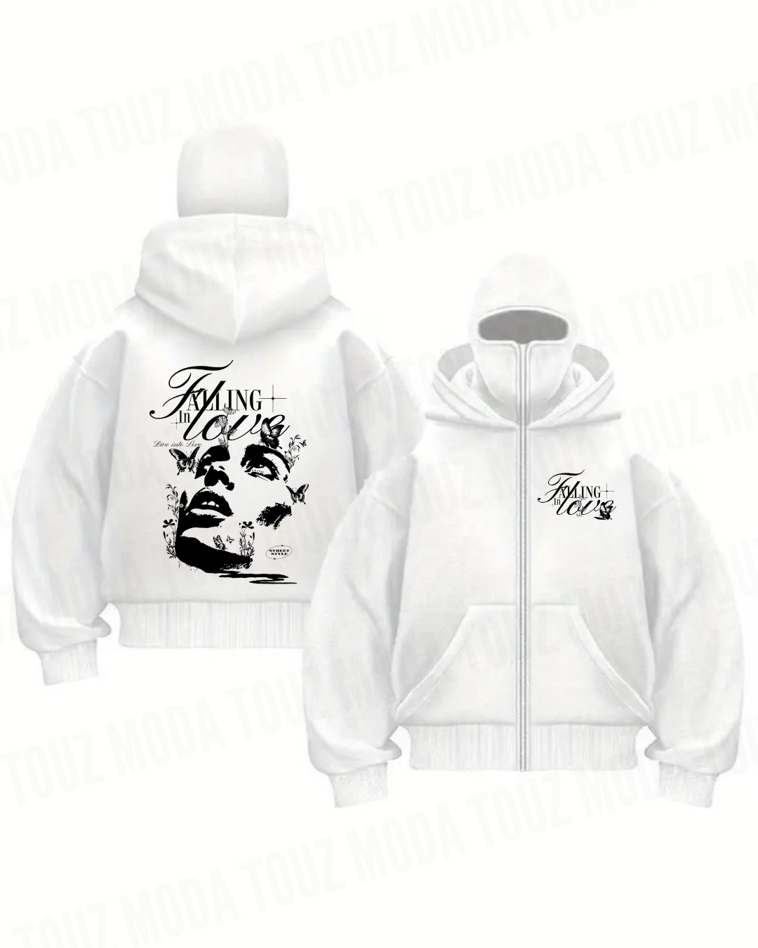 Face Maske Detaylı Oversize Fermuarlı Ecru Unisex Kapüşonlu Hırka