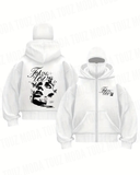 Face Maske Detaylı Oversize Fermuarlı Ecru Unisex Kapüşonlu Hırka