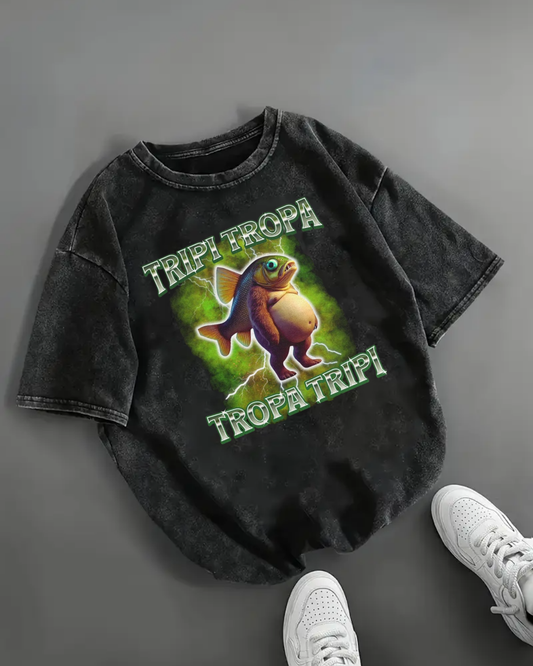 Tripi Tropa Baskılı Yıkamalı Vintage Unisex Oversize T-Shirt
