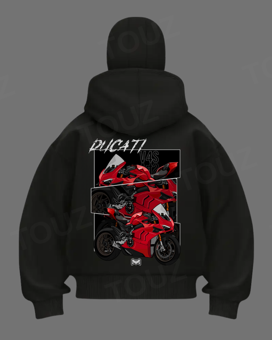 Ducati Maske Detaylı Oversize Fermuarlı Siyah Unisex Kapüşonlu Hırka