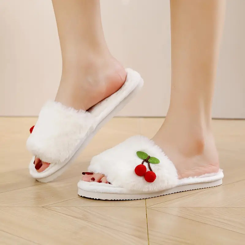 Y2K Cherry Beyaz Peluş Terlik