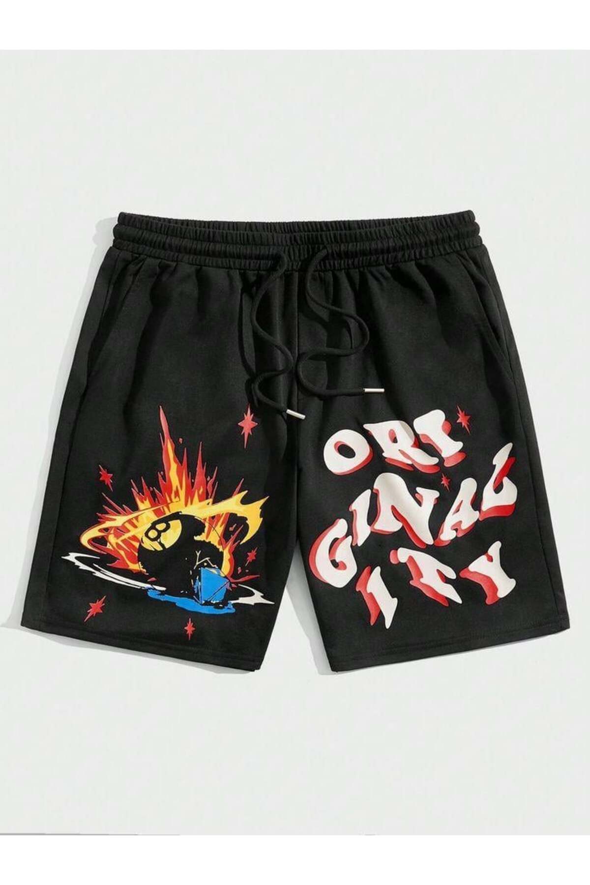 8 Balls Baskılı Siyah Unisex Penye Şort
