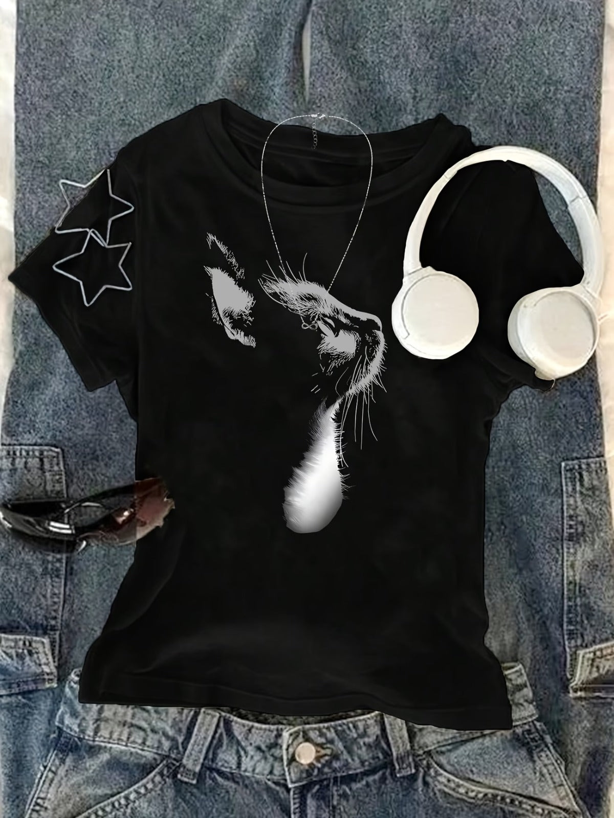 Kemer Boy Siyah Lonely Cat Crop Bluz