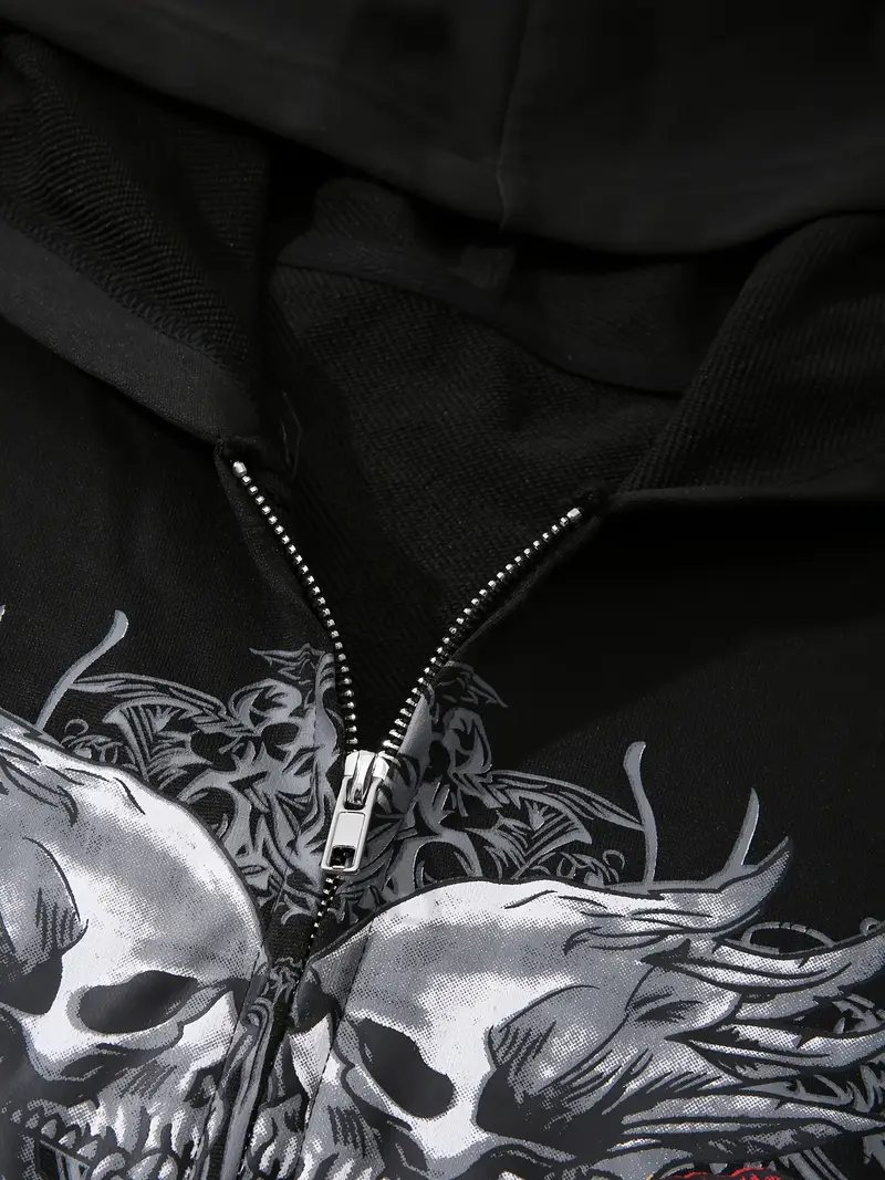 Gothic Rose Baskılı Oversize Fermuarlı Siyah Unisex Kapüşonlu Hırka