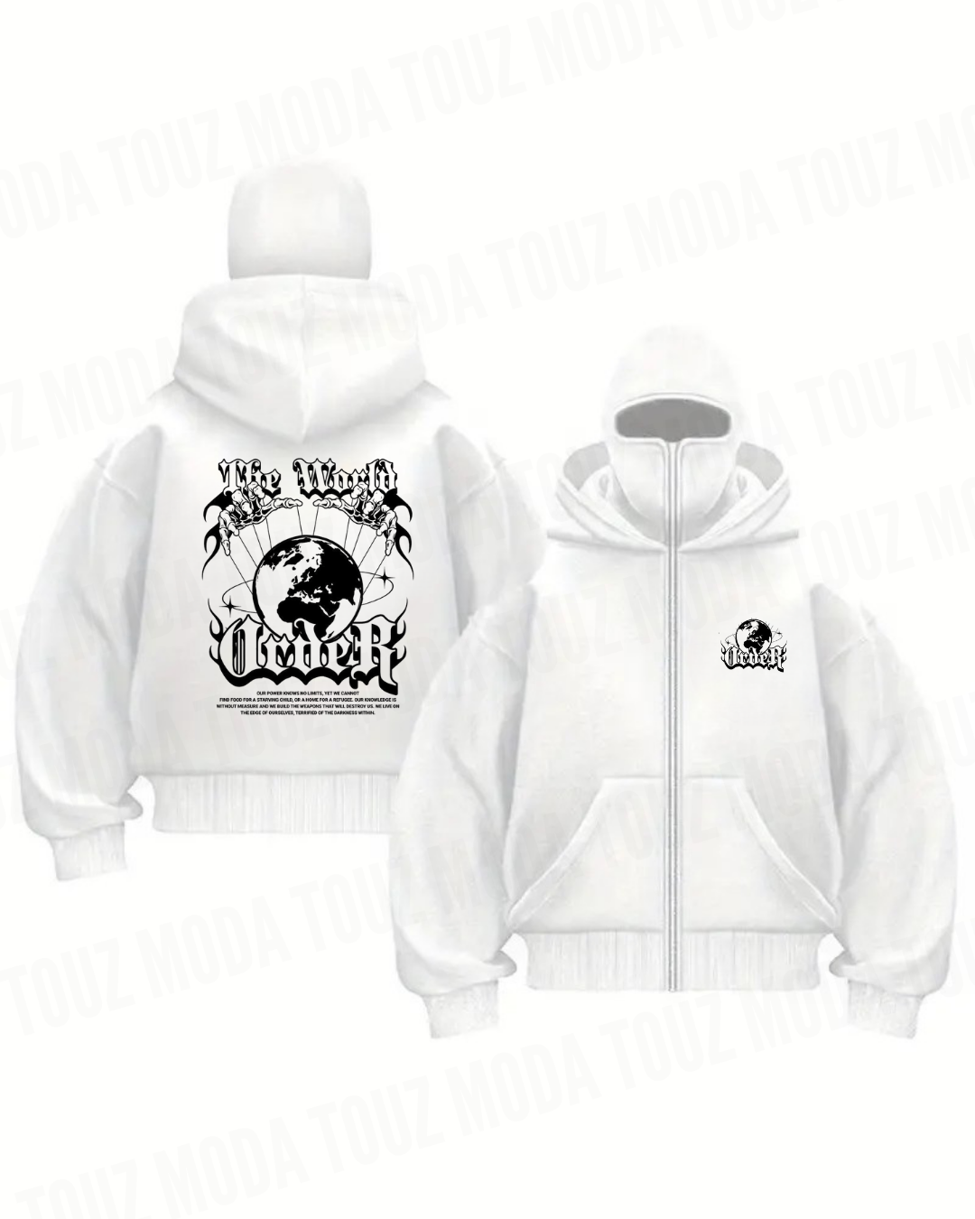 World Maske Detaylı Oversize Fermuarlı Ecru Unisex Kapüşonlu Hırka