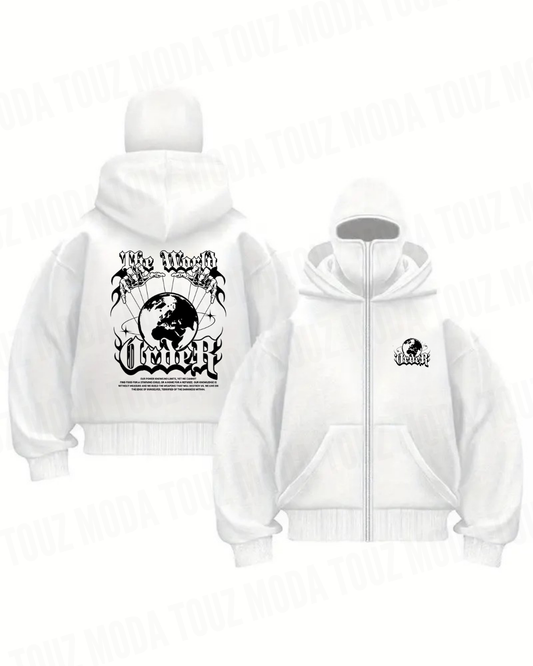 World Maske Detaylı Oversize Fermuarlı Ecru Unisex Kapüşonlu Hırka