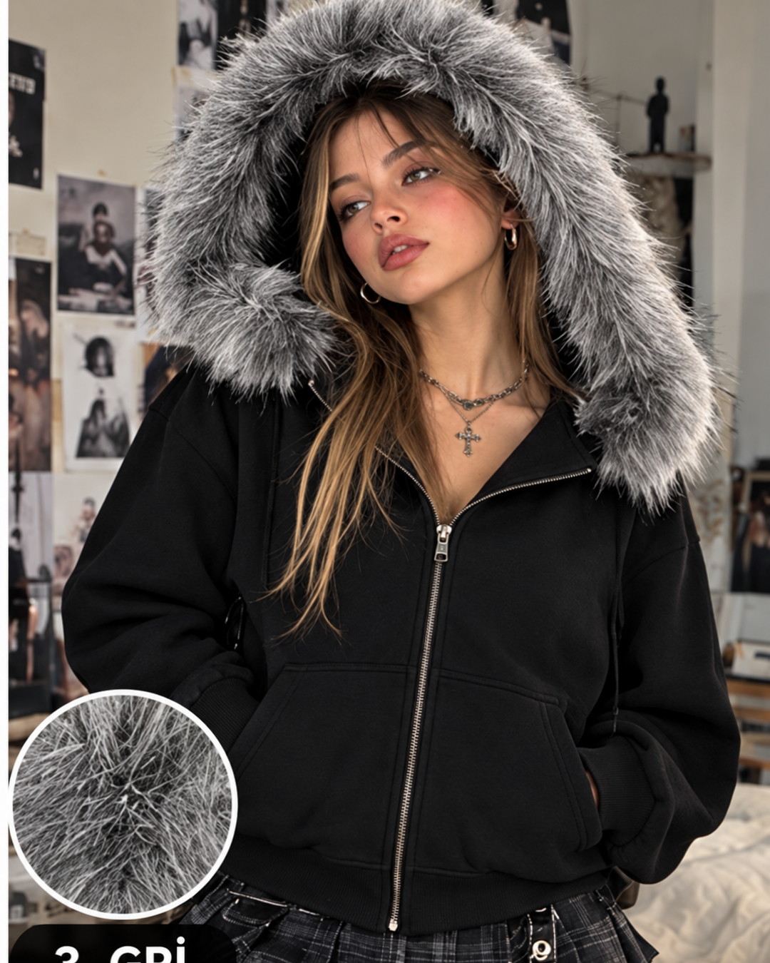 Kürk Detaylı Regular Fit Zip Hoodie Fermuarlı Sweatshirt
