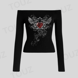 Gothic Heart Lace Siyah Uzun Kol Bluz