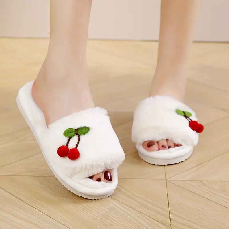 Y2K Cherry Beyaz Peluş Terlik