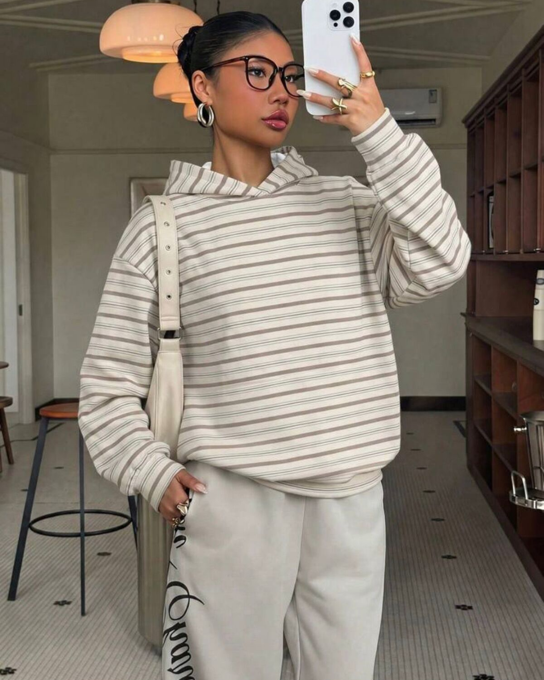 Urban Edge 3 İplik Dijital Baskılı Çizgili Hoodie Sweatshirt