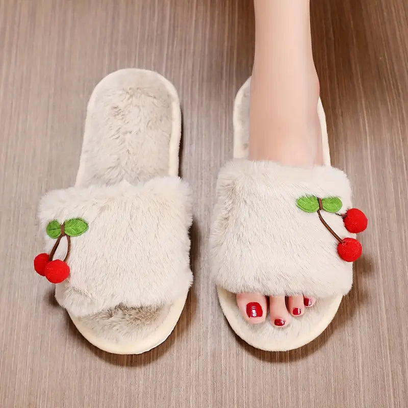 Y2K Cherry Beyaz Peluş Terlik