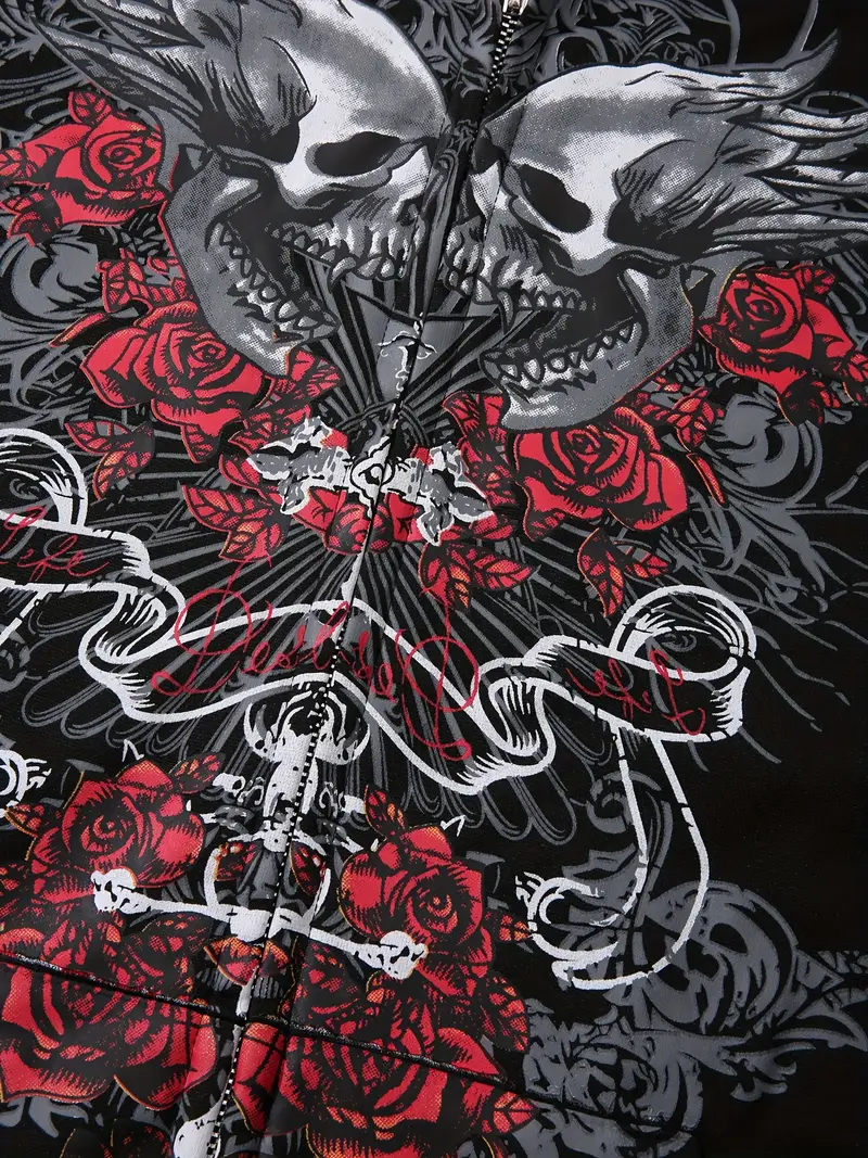 Gothic Rose Baskılı Oversize Fermuarlı Siyah Unisex Kapüşonlu Hırka