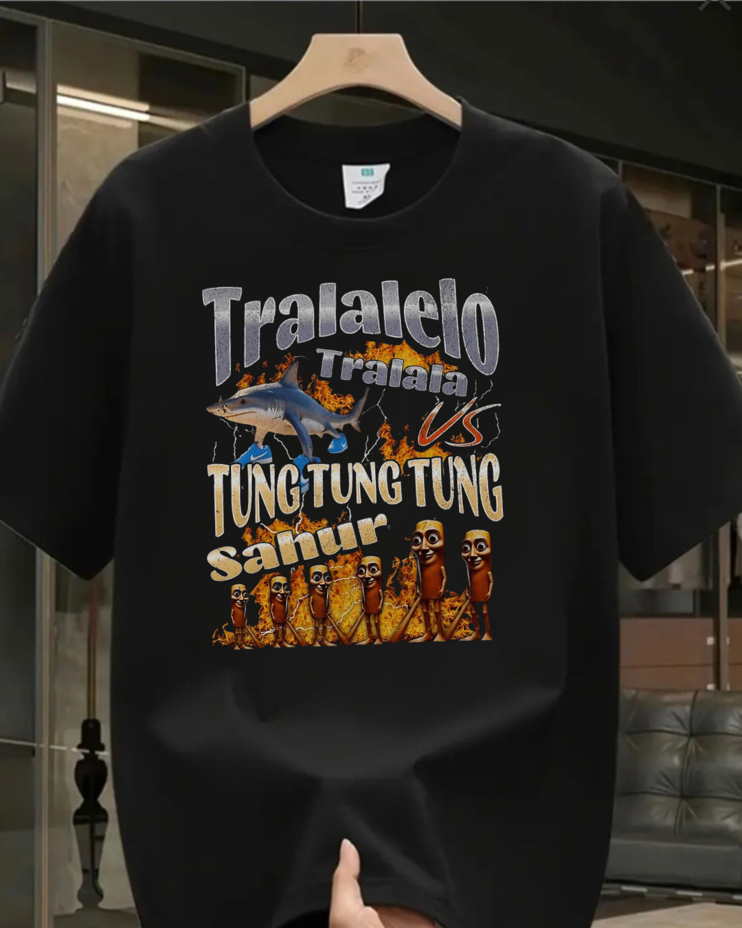 Tung Tung Tung Sahur vs Tralalero Tralala Baskılı Yıkamalı Vintage Unisex Oversize T-Shirt