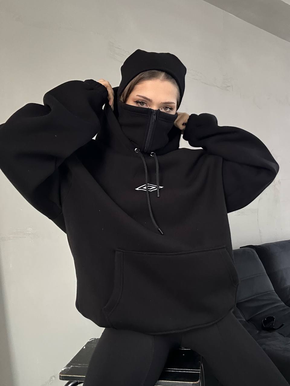 Street Style Unisex Hoodie With Mask Detail Kalın Kapşonlu Sweatshirt