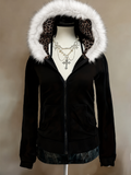 Grunge Stil İçi Leopar Detaylı, Kapüşonu Kürklü Siyah Slim Fit Zip-Up Hırka