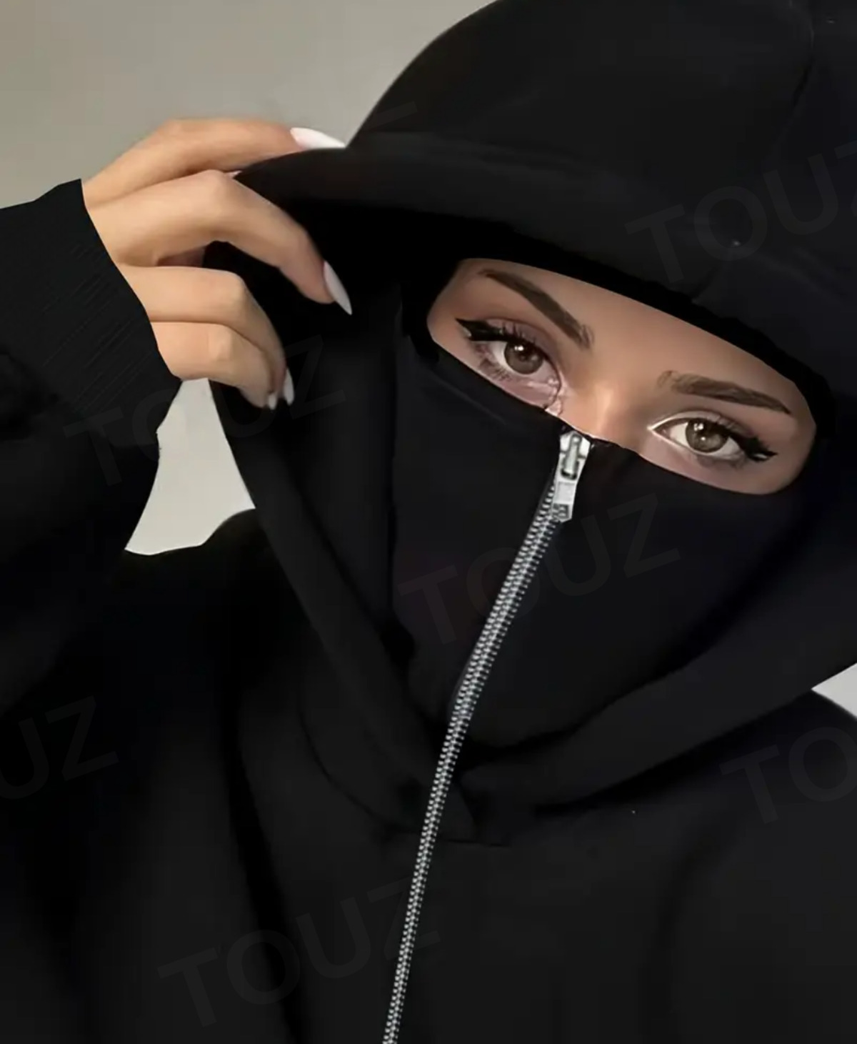 StarGirl Maske Detaylı Oversize Fermuarlı Siyah Unisex Kapüşonlu Hırka