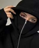StarGirl Maske Detaylı Oversize Fermuarlı Siyah Unisex Kapüşonlu Hırka