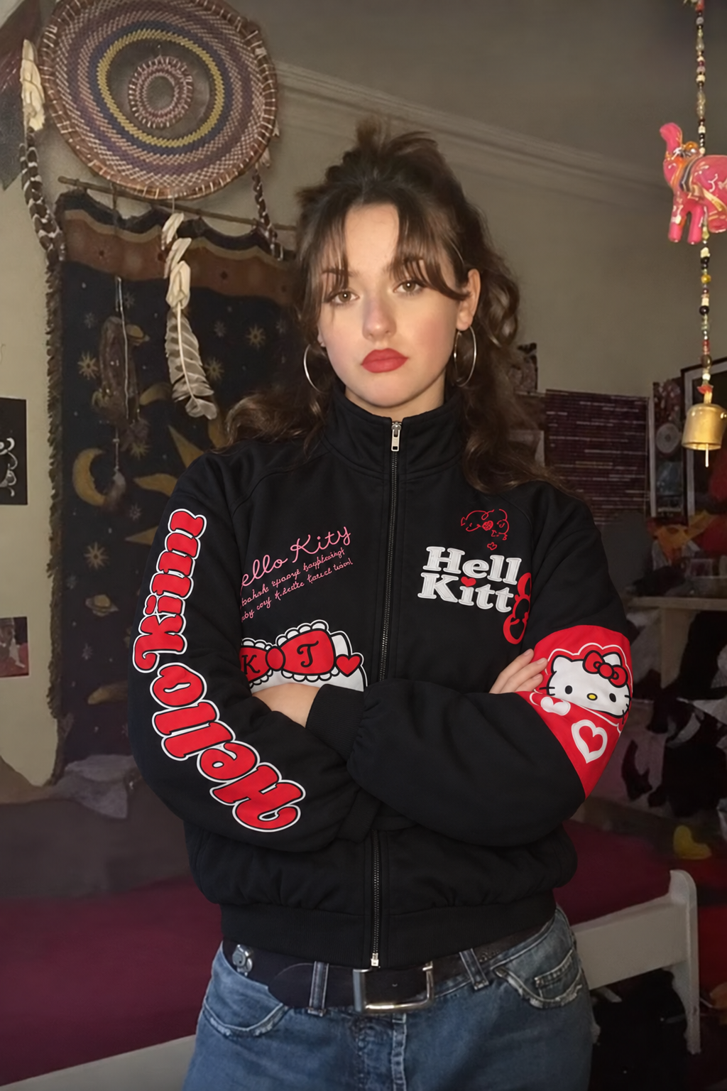 Hello Kitty Siyah Biker Racing Ceket