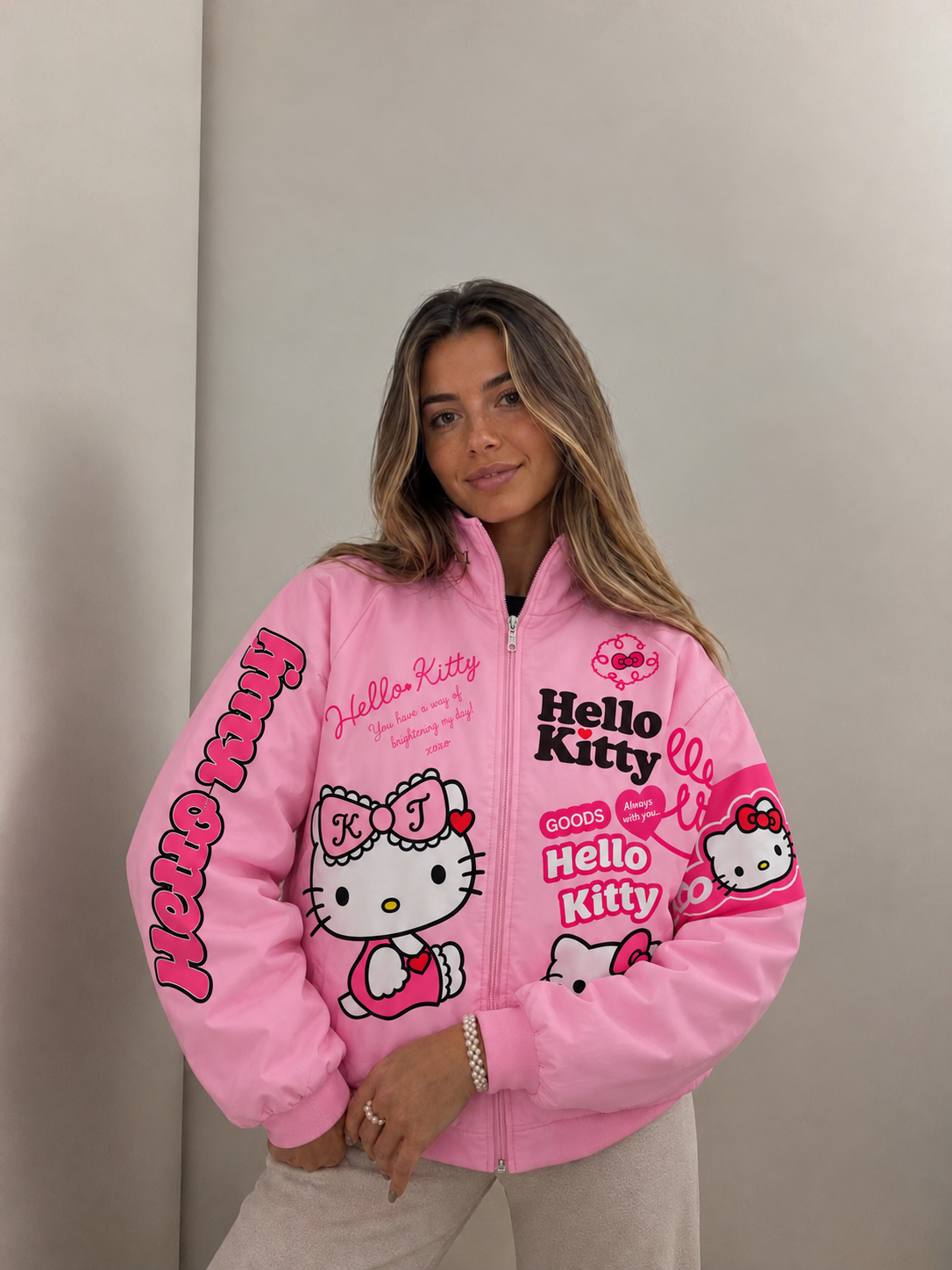 Hello Kitty Pembe Biker Racing Ceket