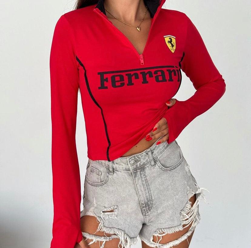 Y2K Streetwear Beyaz Ferrari Baskılı Beyaz Uzun Kollu Yarım Fermuarlı Crop