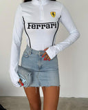 Y2K Streetwear Beyaz Ferrari Baskılı Beyaz Uzun Kollu Yarım Fermuarlı Crop