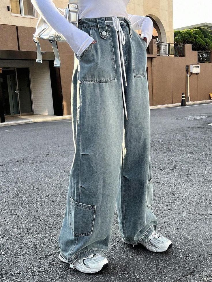 Bağcıklı Bel Geniş Paça Bol Kot Pantolon