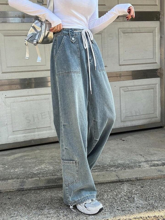 Bağcıklı Bel Geniş Paça Bol Kot Pantolon