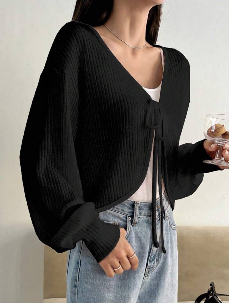 Y2K İp Bağlama Detaylı Uzun Kollu Hırka