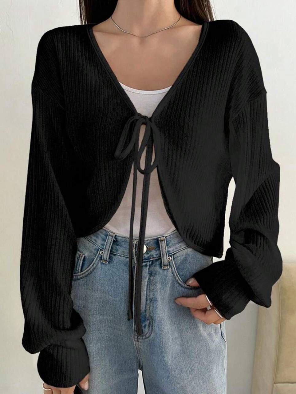 Y2K İp Bağlama Detaylı Uzun Kollu Hırka