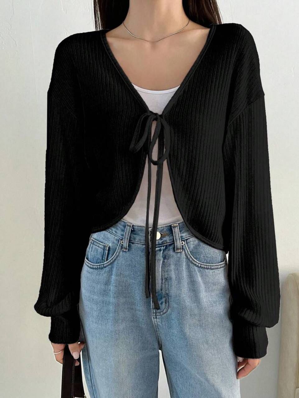 Y2K İp Bağlama Detaylı Uzun Kollu Hırka