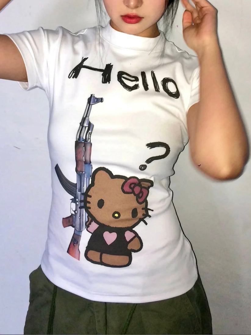 Kemer Boy Hello Kitty Baskılı Crop Bluz