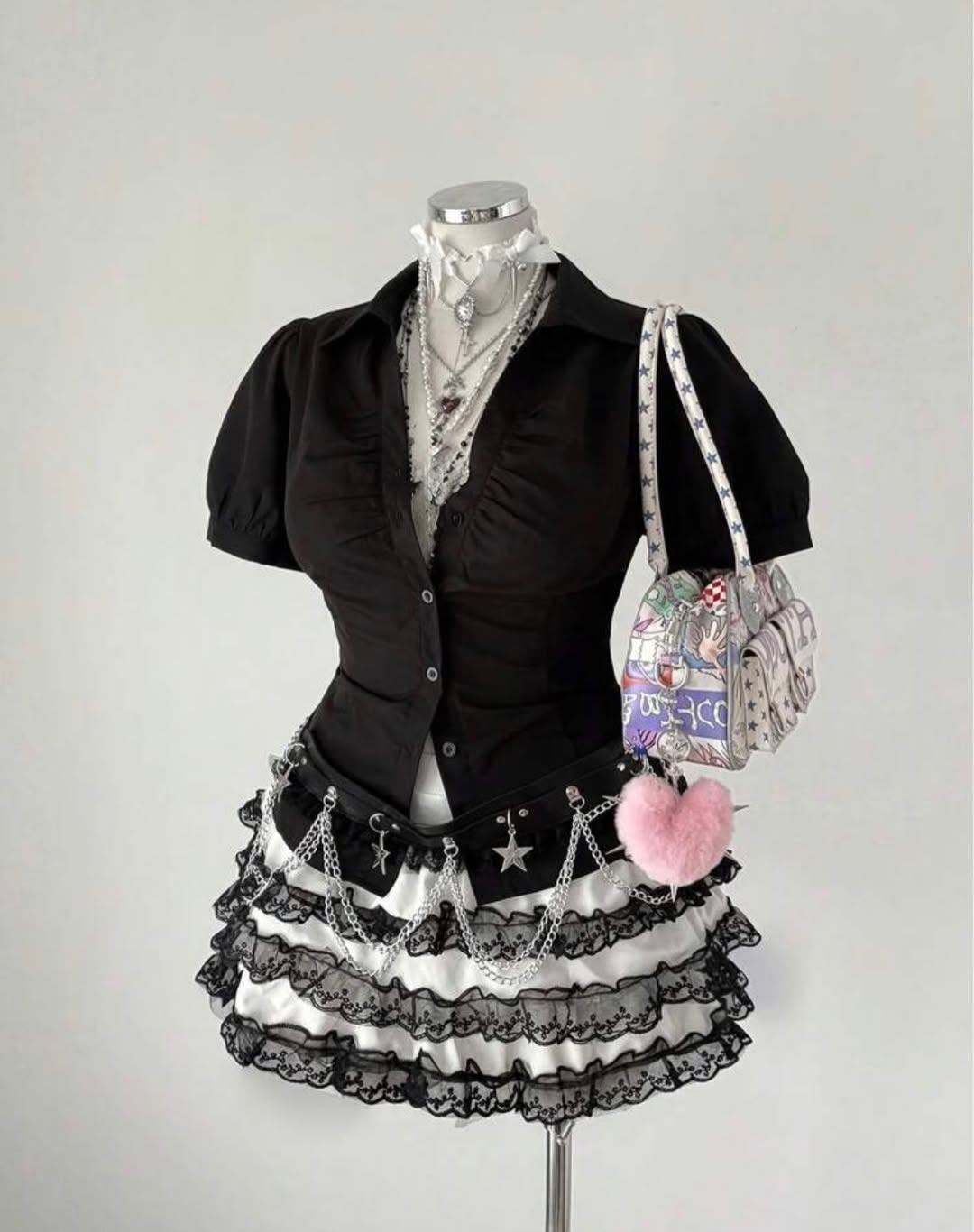 Vintage Mini Puff Sleeve Goth Y2K Kısa Kollu Gömlek