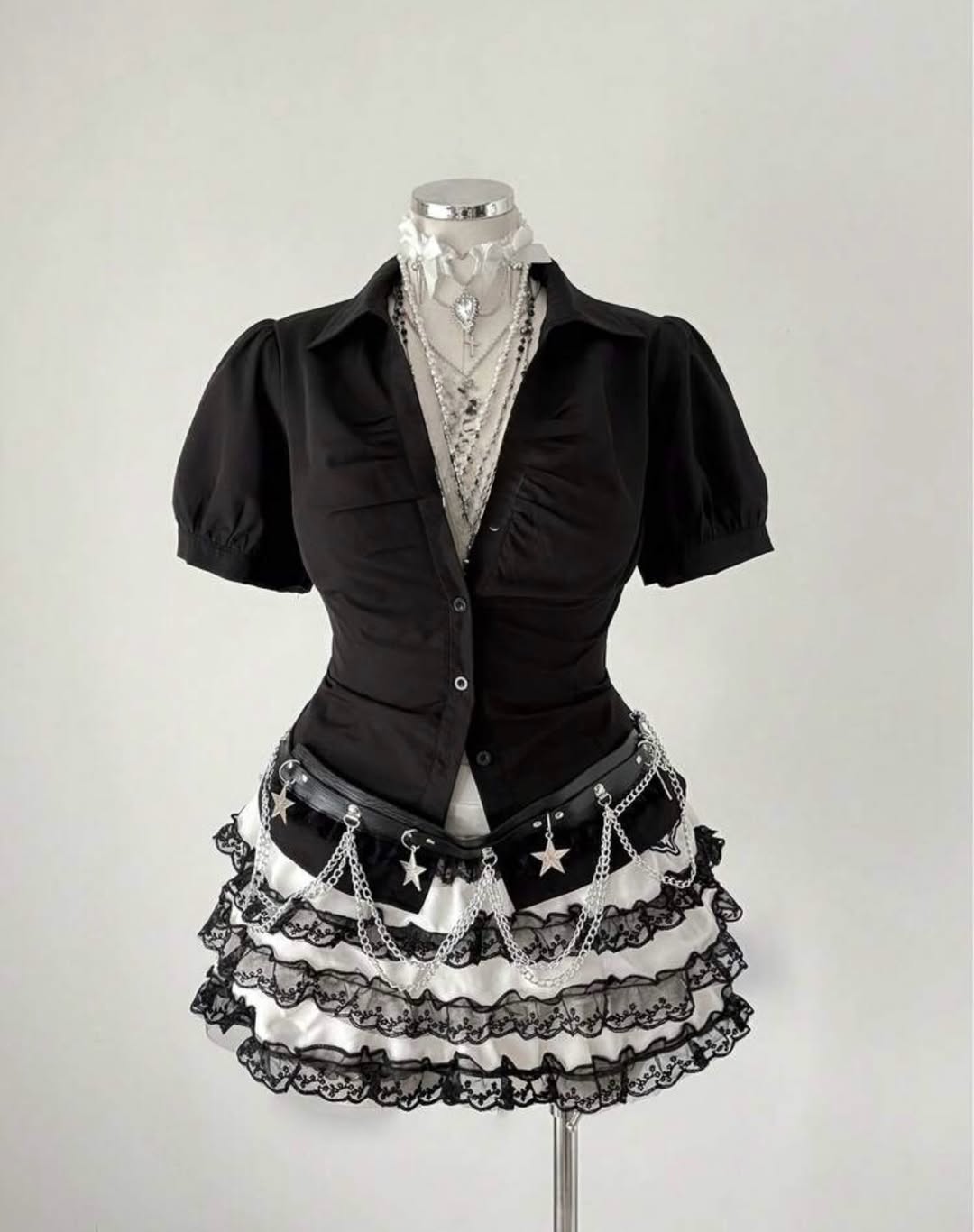 Vintage Mini Puff Sleeve Goth Y2K Kısa Kollu Gömlek