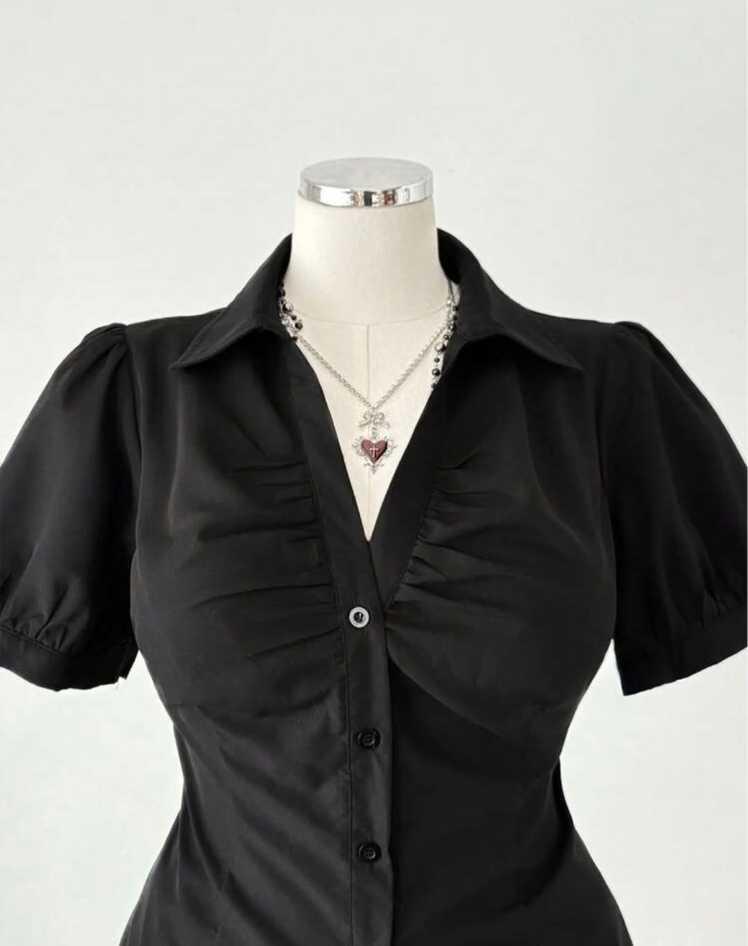 Vintage Mini Puff Sleeve Goth Y2K Kısa Kollu Gömlek