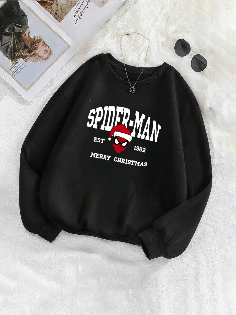 Spider Christmas Baskılı Siyah Unisex Oversize Bisiklet Yaka Sweatshirt