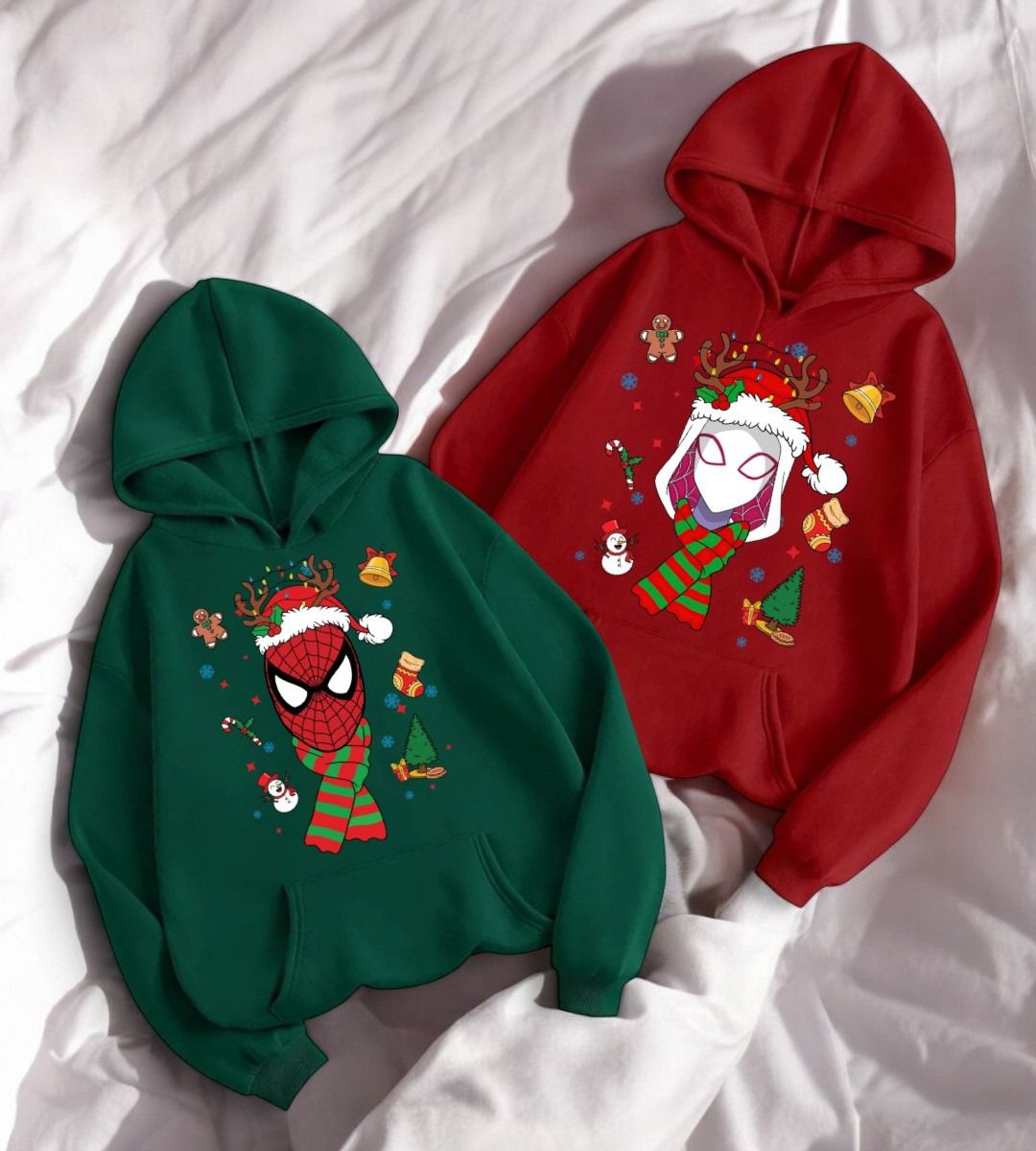 Spider Man & Girl Çift Merry Christmas Baskılı Kapşonlu Sweatshirt