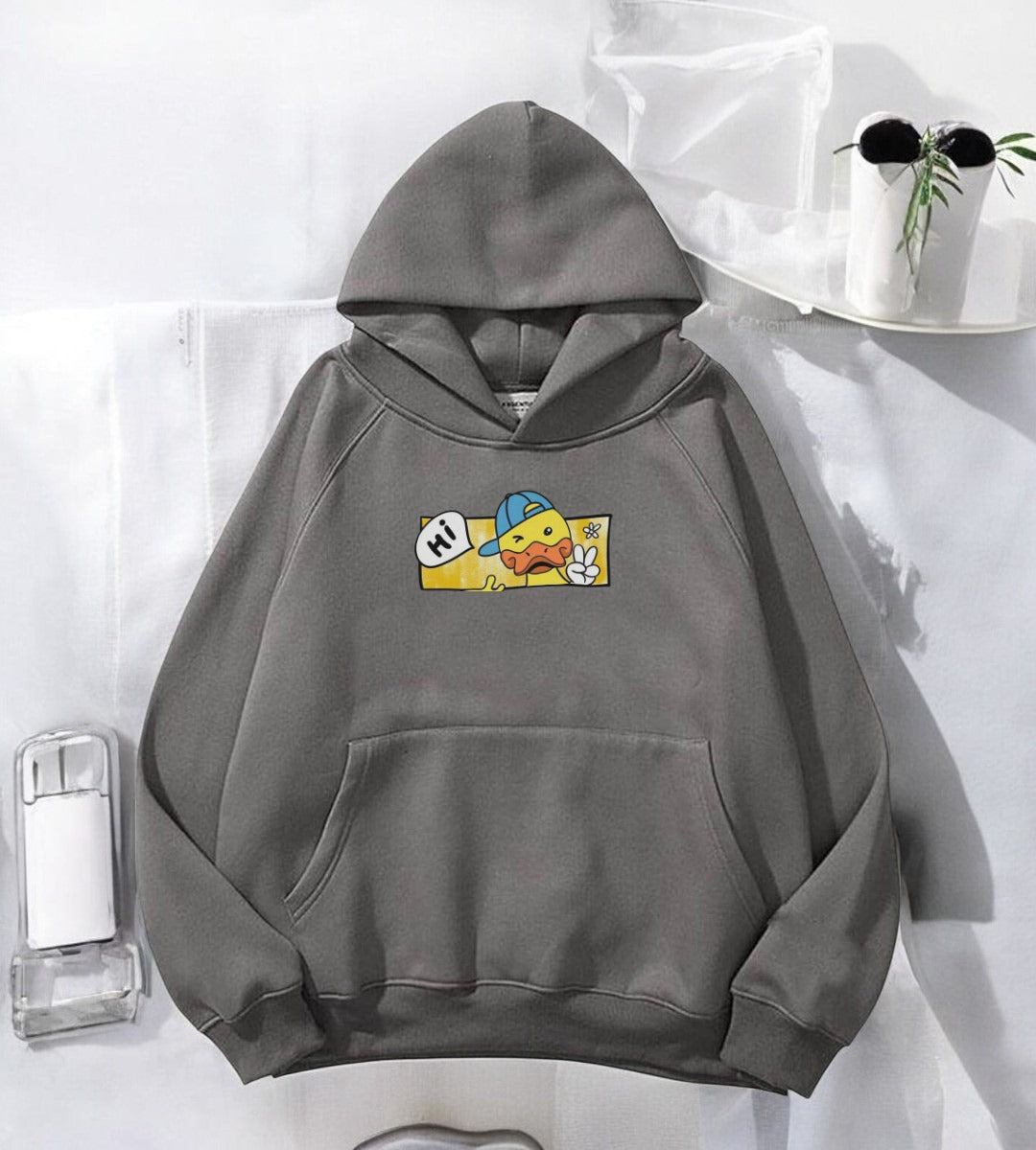 Duck Antrasit Baskılı Kapşonlu Sweatshirt