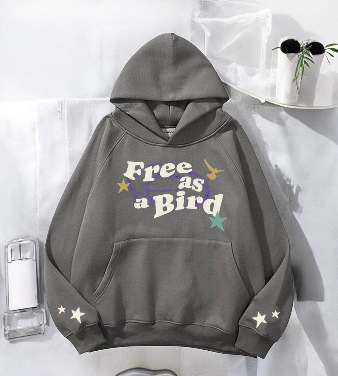 Free As Bird  Antrasit Baskılı Kapşonlu Sweatshirt