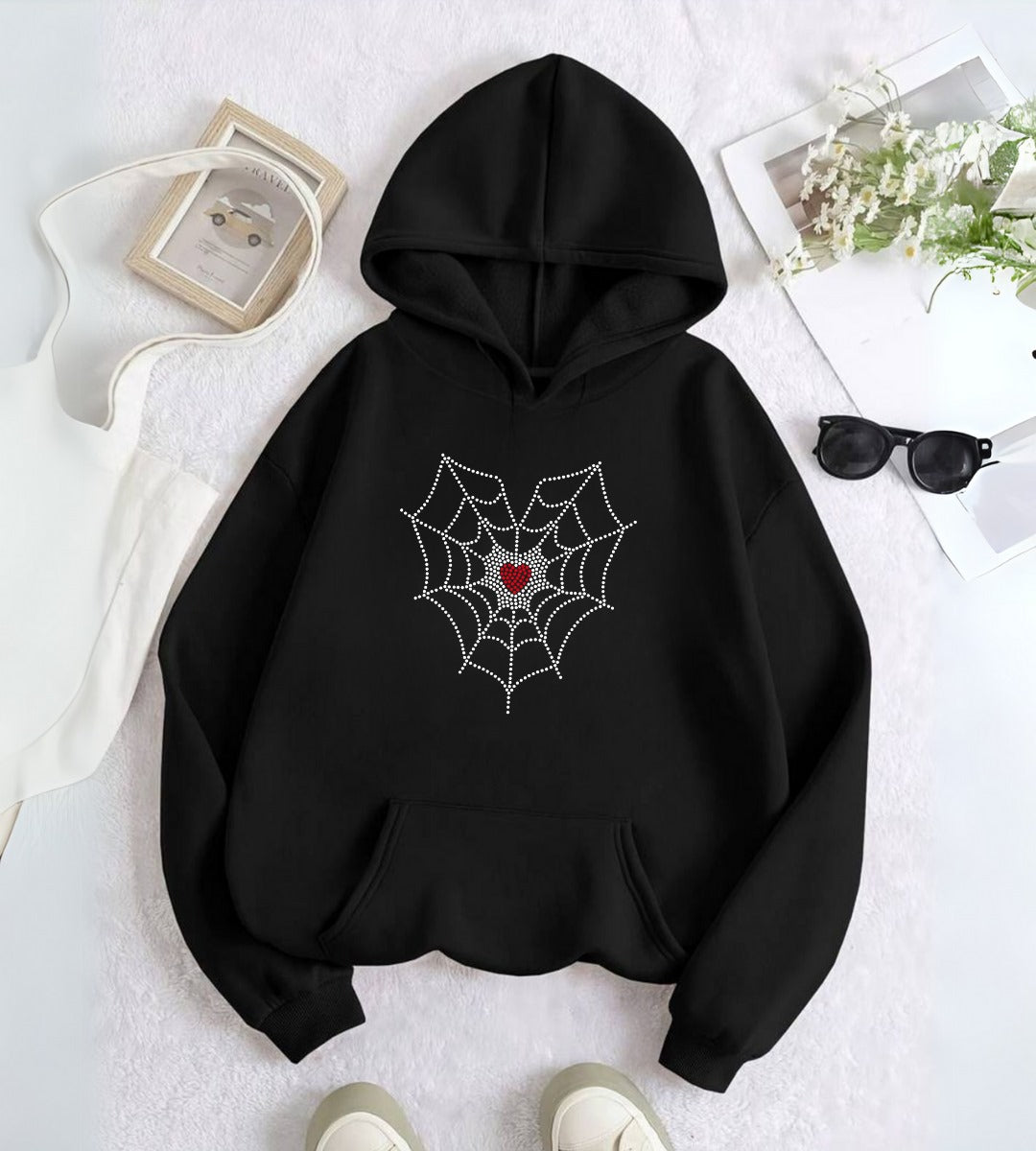 Spider Heart Taş İşleme Detail Baskılı Kapşonlu Sweatshirt